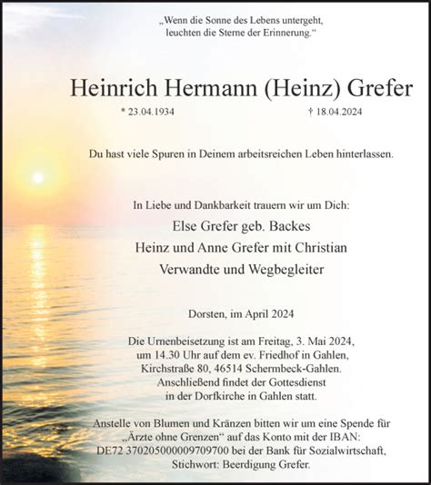 Traueranzeigen Von Heinrich Hermann Grefer Sich Erinnern De