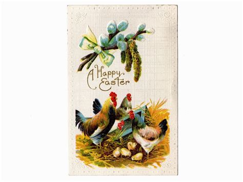 Antique 1913 Easter Postcard Hens And Baby Chicks In The Straw Pussy Willows Battle Creek
