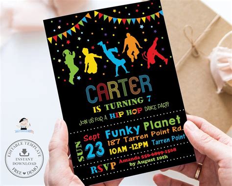 Vibrant Neon Hip Hop Dance Birthday Party Invitation Editable Template