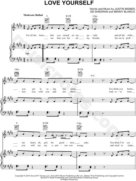 Justin Bieber Love Yourself Sheet Music In E Major Transposable