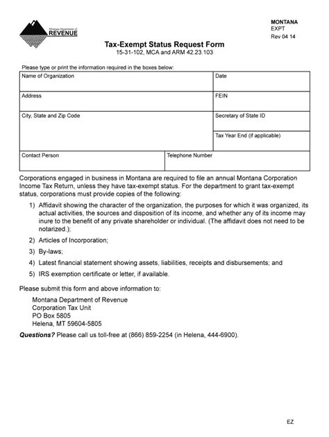 Fillable Online Revenue Mt Rev 04 14 Tax Exempt Status Request Form Fax