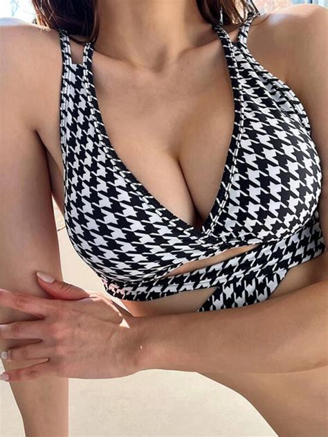 Houndstooth Print Criss Cross Wrap Bikini Swimsuit Shein Usa