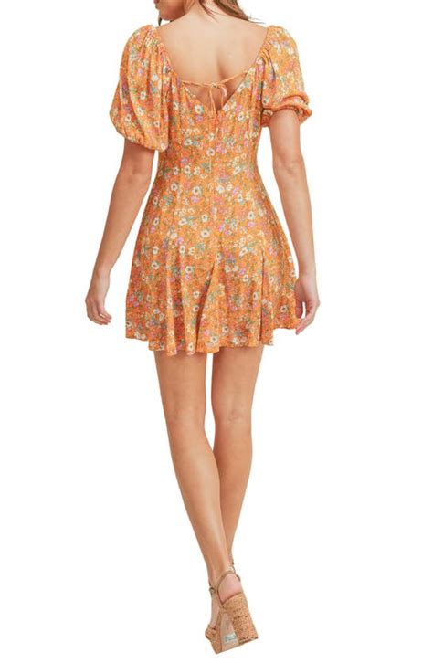 Lush Floral Sweetheart Neck Puff Sleeve Minidress In Orange Purple