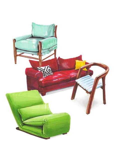 three different colored couches and chairs in the same color scheme, each with one cushion