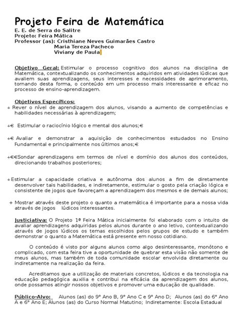 Projeto De Matemática Pronto - Projeto Feira de Matemática | PDF | Aprendizado | Ensino de Matemática