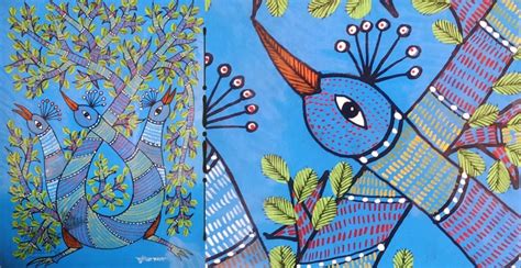 Gond art - blue Peacock