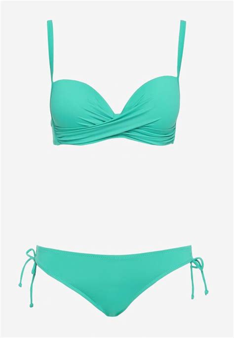 Zielone Bikini Usztywniany Biustonosz z Ozdobnym Marszczeniem 2 Pary Majtek Figi z Wiązaniem i