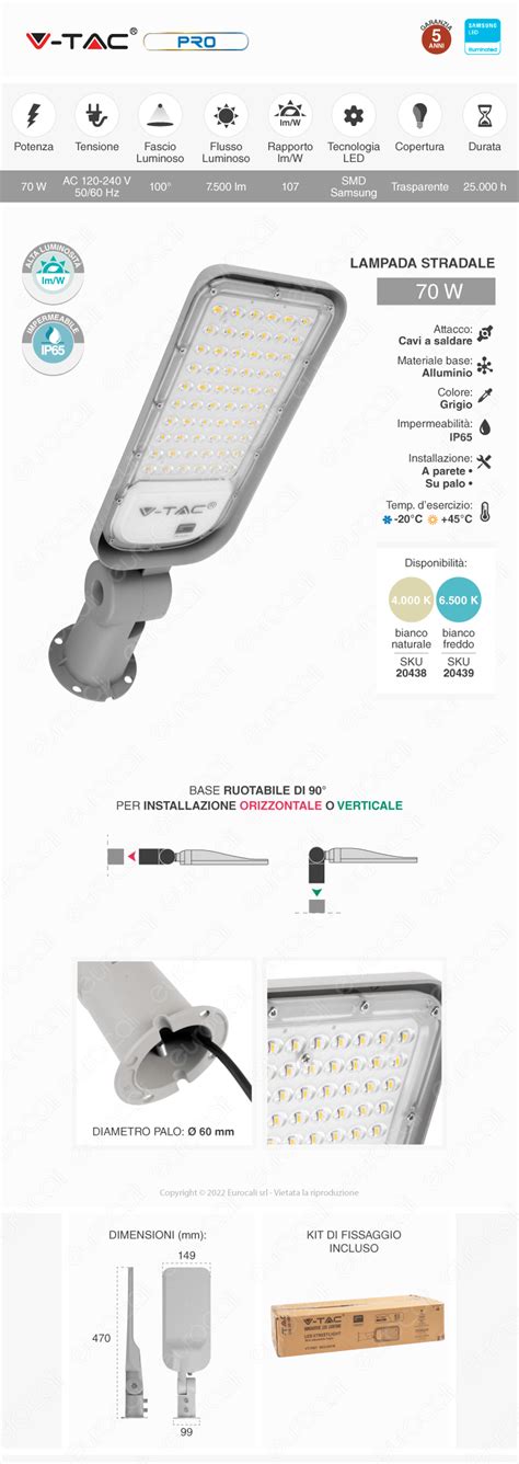 VT 79ST Lampada Stradale LED 70W SMD IP65 Chip Samsung V Tac Pro