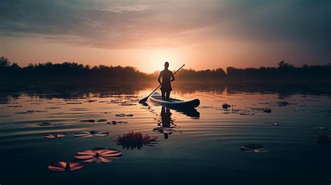 Premium Photo A Man Is Paddle Boarding On A Lake With The Sun Setting