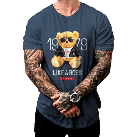 Camiseta Blusa Longline Masculina Urso Retro Boss Azul Moda Aesthetic