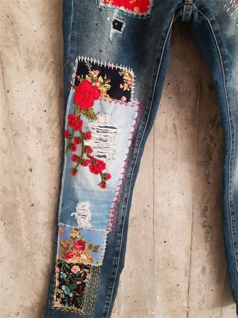 Hand Made Patched Denim Embowered Slime Jeans Reworked Etsy Denim