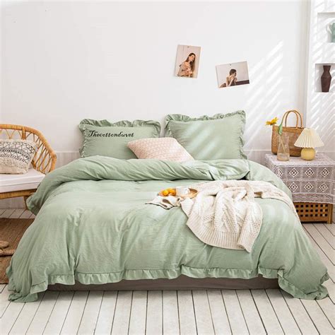 Ruffled Cotton Duvet Cover In Sage Green Bedding Set Ruffle Etsy Uk