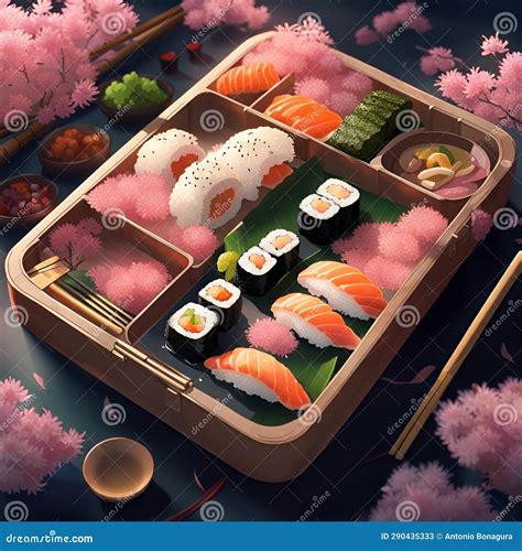 Sushi Bento Box With Sakura Petals Ai Generated Stock Illustration