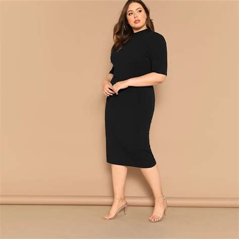 Black Mock Neck Solid Pencil Bodycon Plus Size Long Dresses