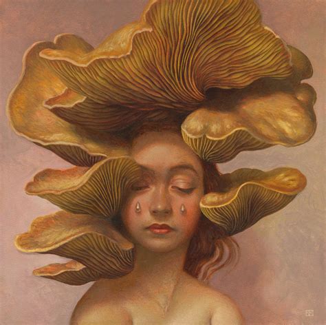 An Oil Painting Of King Oyster Mushrooms Growing Out Of A Girl S Hair