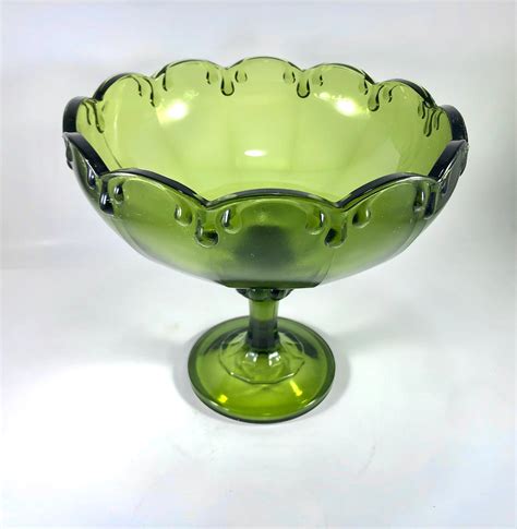 Collectibles Vintage Indiana Glass Avocado Olive Green Teardrop Pedestal Open Compote Candy Dish