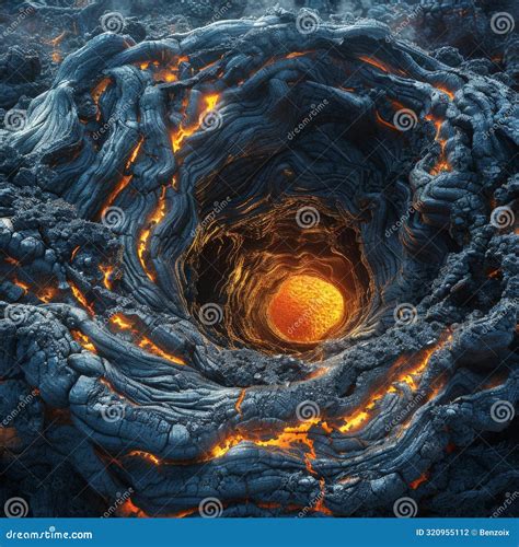 Deep Cavity With Molten Lava Trees Clouds And Starry Sky Stock Photo