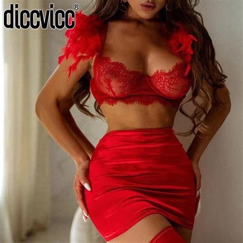 Jual Preorder Diccvicc Feather Lingerie See Through Embroidery Lace Bra Fancy Skirt Panty Set