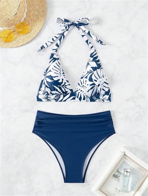 SHEIN Swim Vcay Conjunto De Fato De Banho Estampa Tropical Para