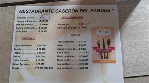 Carta de Restaurante El Caserón Sopetrán