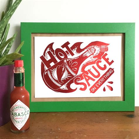 Hot Sauce Metallic Foil Mini Print From Linocut Letterpress Print Foil Print Chilli Lover