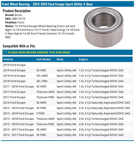 2013 2019 Ford Escape Wheel Bearing Brock 3087 0174 Front