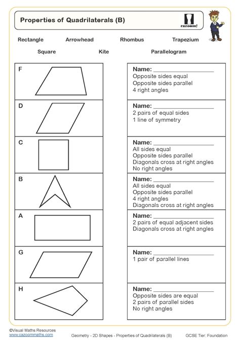 Properties Of Quadrilaterals B Worksheet Printable Maths Worksheets