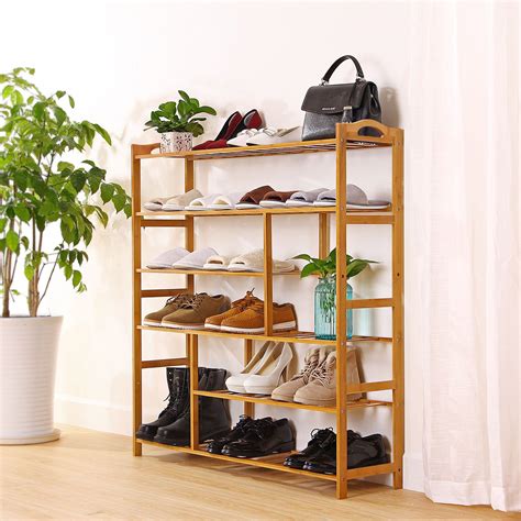 Shoe Storage 6 Tier Bamboo Shoe Rack Bench Free Standing Entryway