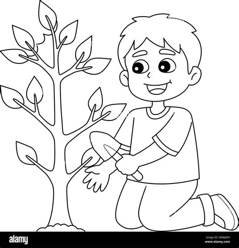 Boy Planting Trees Isolated Coloring Page Stock Vector Image Art Alamy