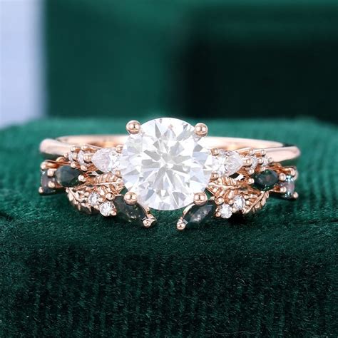 cut moissanite pcs nature inspired engagement ring set