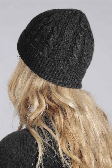 Charcoal Grey Pure Cashmere Beanie Hat Cable And Rib Knit