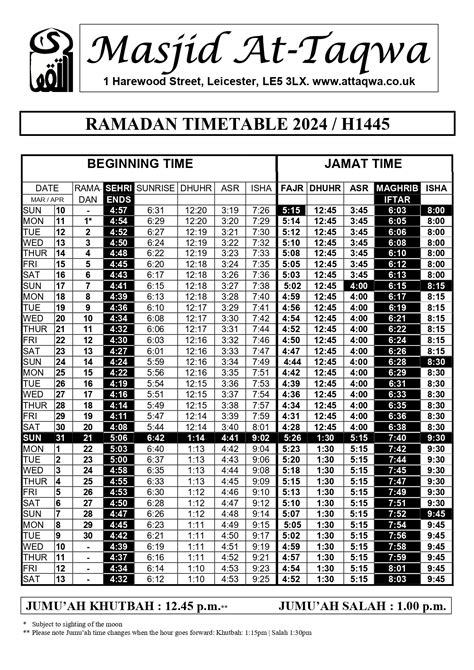 Full Timetable Masjid At Taqwa