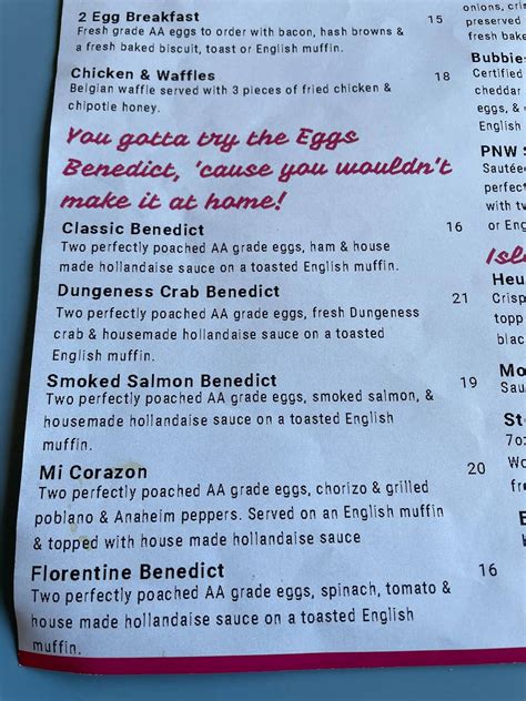 Menu at Madison Diner restaurant, Bainbridge Island