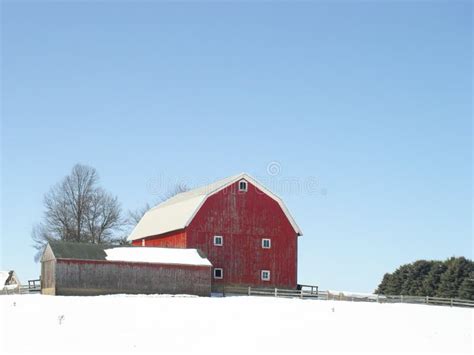 Winter Farm Scene with Red Barn and Snow Stock Photo - Image of rural ...