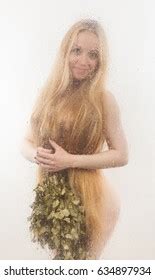 Naked Blonde Long Hair Broom Behind Stock Photo 634897934 Shutterstock