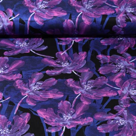 Viscose Satin Fleurs Noir Rose Vif Snaply