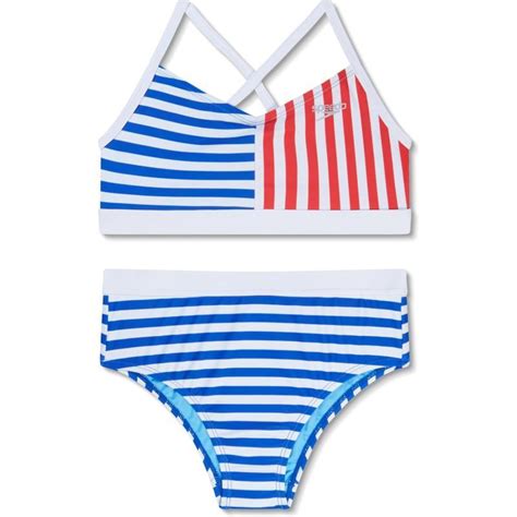 Speedo Girls Swimsuit Two Piece Bikini Set Mariner Stripe Cobalt