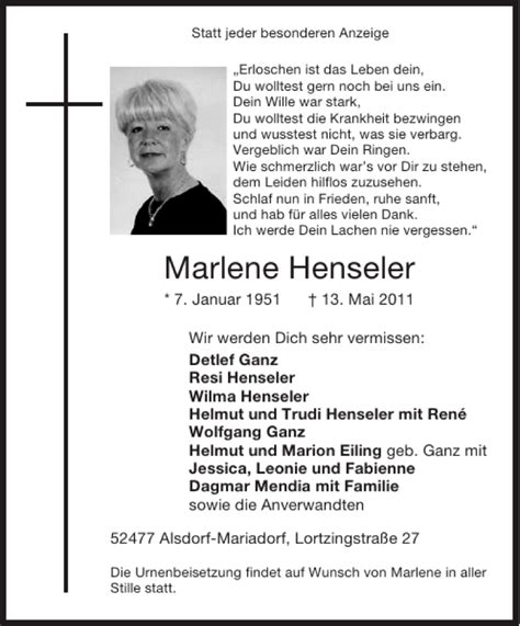 Traueranzeigen Von Marlene Henseler Aachen Gedenkt