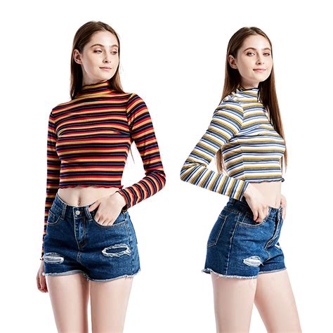 New Color Striped Long Sleeved High Neck Bottoming Shirt Sexy Navel