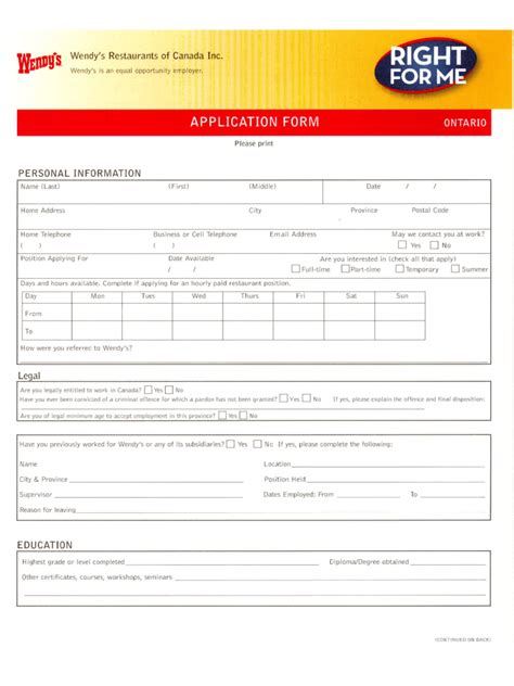 Burger King Printable Application Form Printable Forms Free Online