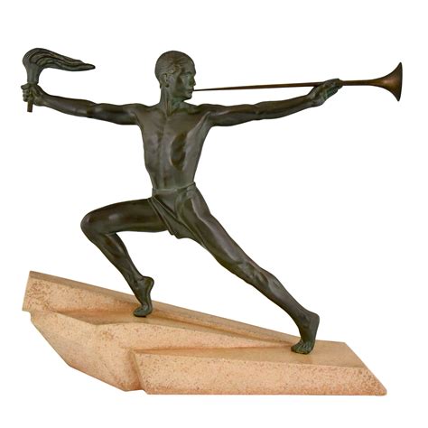 Art Deco Sculpture Male Nude With Trumpet And Torch Deconamic