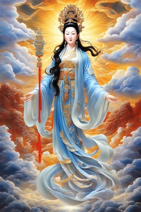 Kwan Yin Standing On Lotus Spiritual Art Buddha Artwork