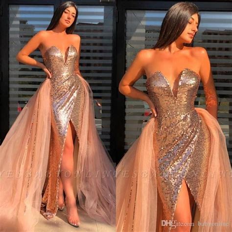 Sexy Rose Gold Sheath Prom Dresses With Detachable Train Sweetheart High Side Split Floor Length