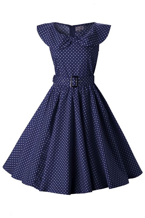 The 1950s Marylou Navy Polka Dot Bow Sjawl Collar Vintage Style Swing