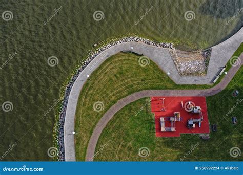 Playground and Sports Field by the Sea Lagoon, Aerial View Stock Photo ...