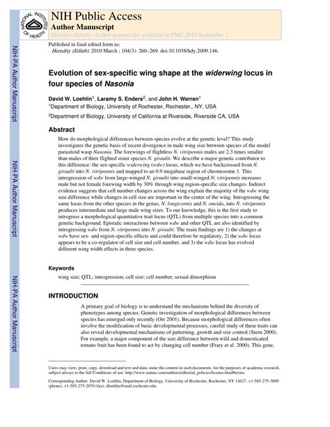 PDF Evolution Of Sex Specific Wing Shape At The Widerwing Locus In Four Species Of Nasonia