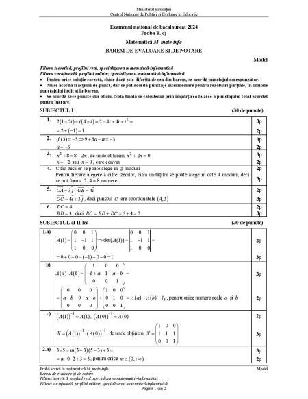 Bacalaureat Modele De Subiecte I Bareme Matematic