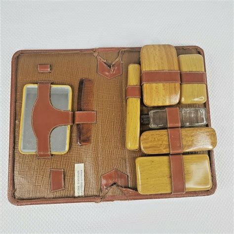 Vintage Mens Travel Grooming Brushes Kit Leather Cas… Gem