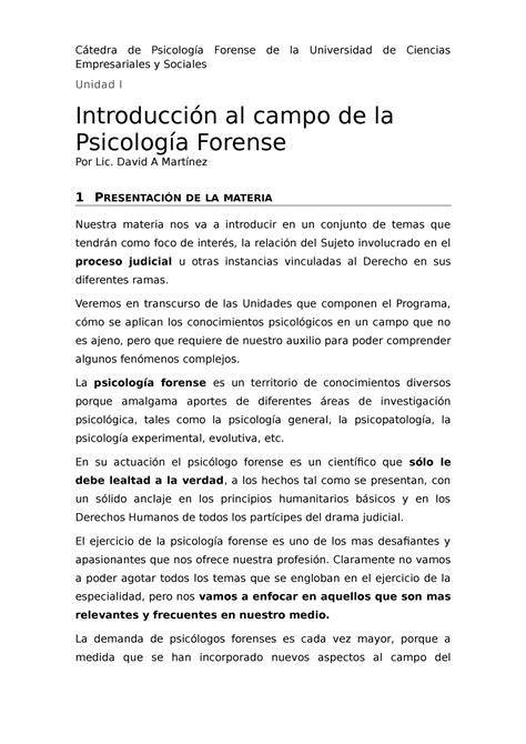 Introducción Al Campo De La Psicología Forense Cátedra De Psicología Forense De La Universidad