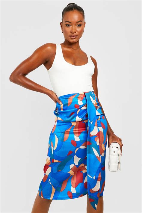 Womens Tall Abstract Printed Satin Tie Front Skirt Boohoo Uk